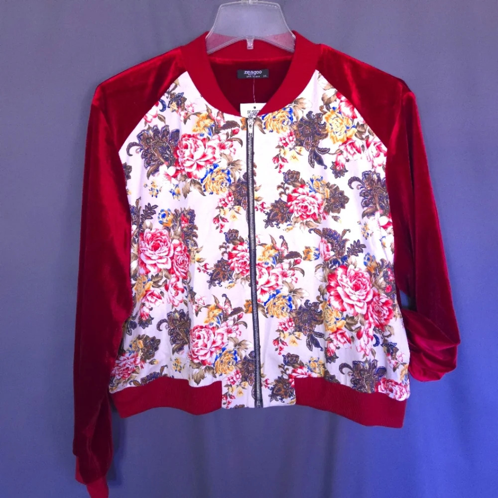 NWT Zeagoo Bomber Jacket Size XXL‎ Floral Velvet Casual Streetwear